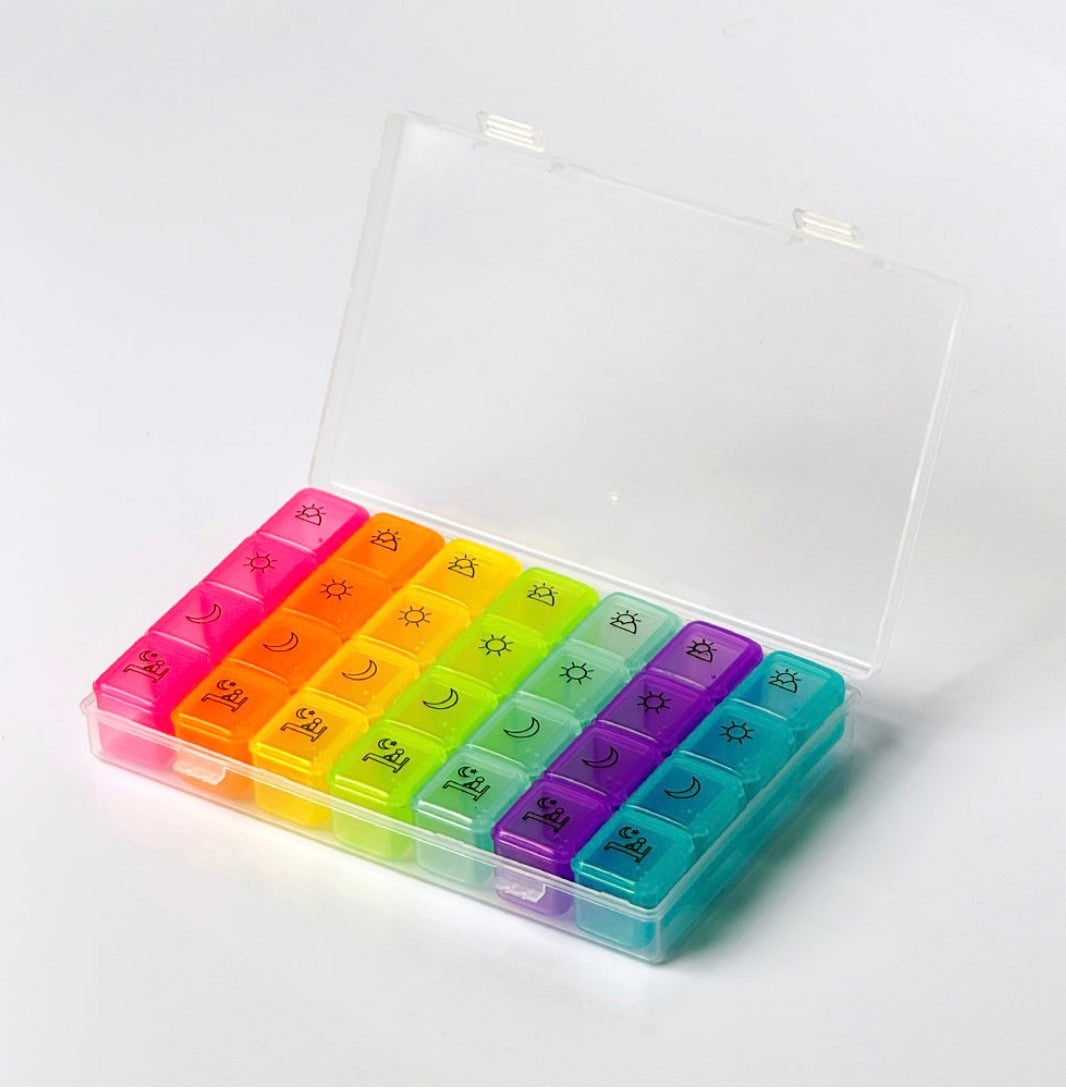 7-Day Pill Organizer Box – Weekly Rainbow Pill Case, 4 Times a Day (Morning/Noon/Evening/Night)
