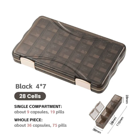 28-Cell Pill Organizer Box – Black 4x7 Weekly Medicine Case, Twin Snap Lock Compartments