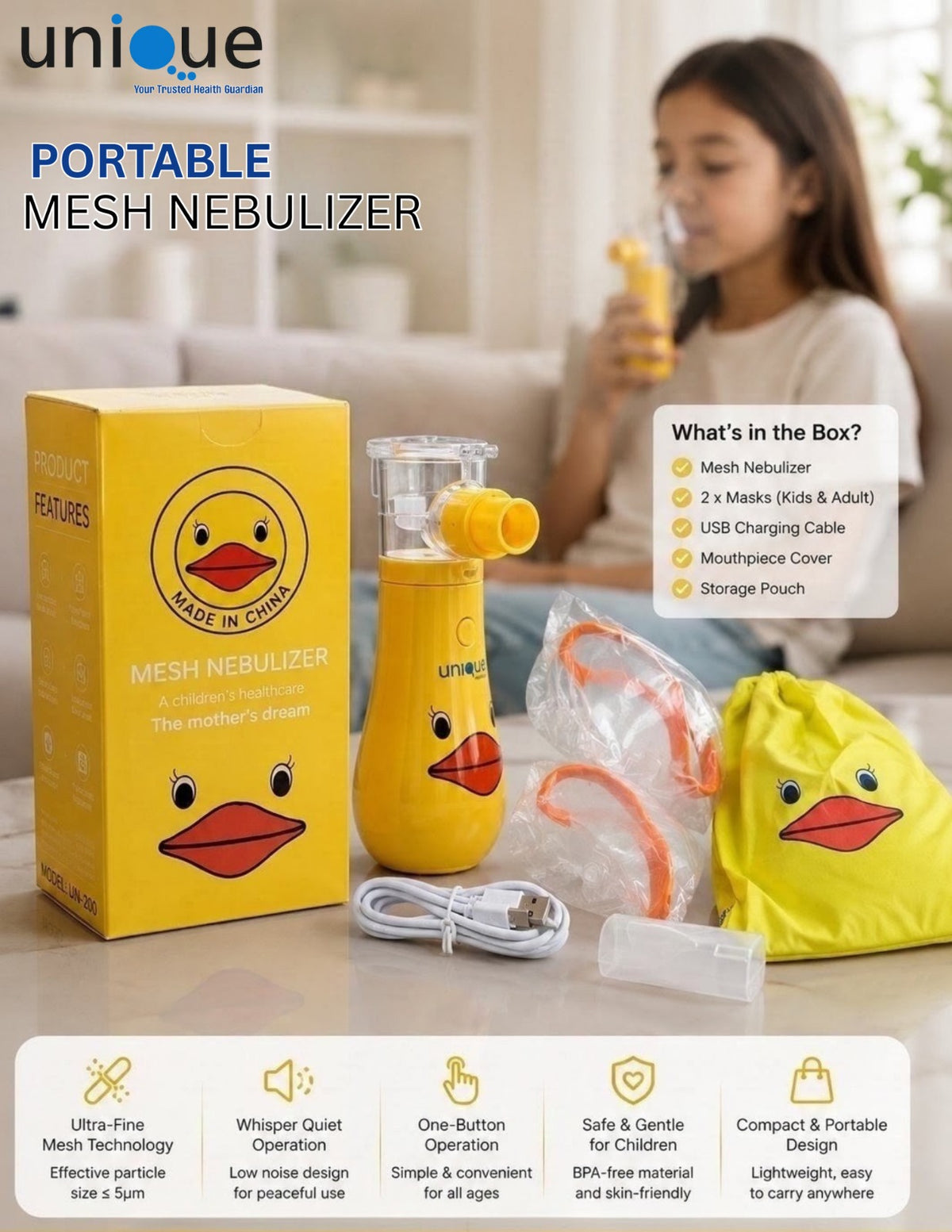 Duck-Themed Portable Mesh Nebulizer for Kids – USB Rechargeable, Carry Pouch Included, Yellow