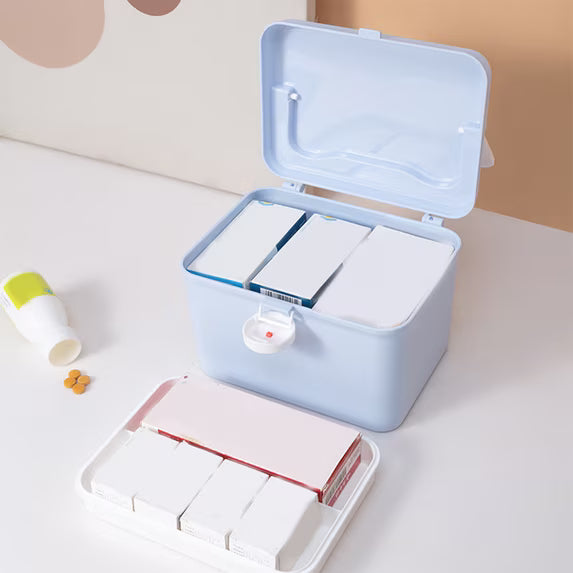 First Aid Storage Box with Handle – Light Blue Medical Organizer Box, Red Cross Design