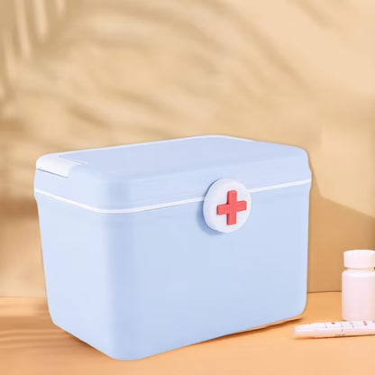 First Aid Storage Box with Handle – Light Blue Medical Organizer Box, Red Cross Design