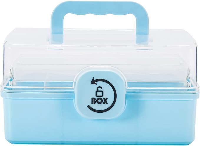 Multi-Layer Portable Storage Box with Handle – Transparent Lid, Twist Lock, First Aid/Craft Organizer, Blue