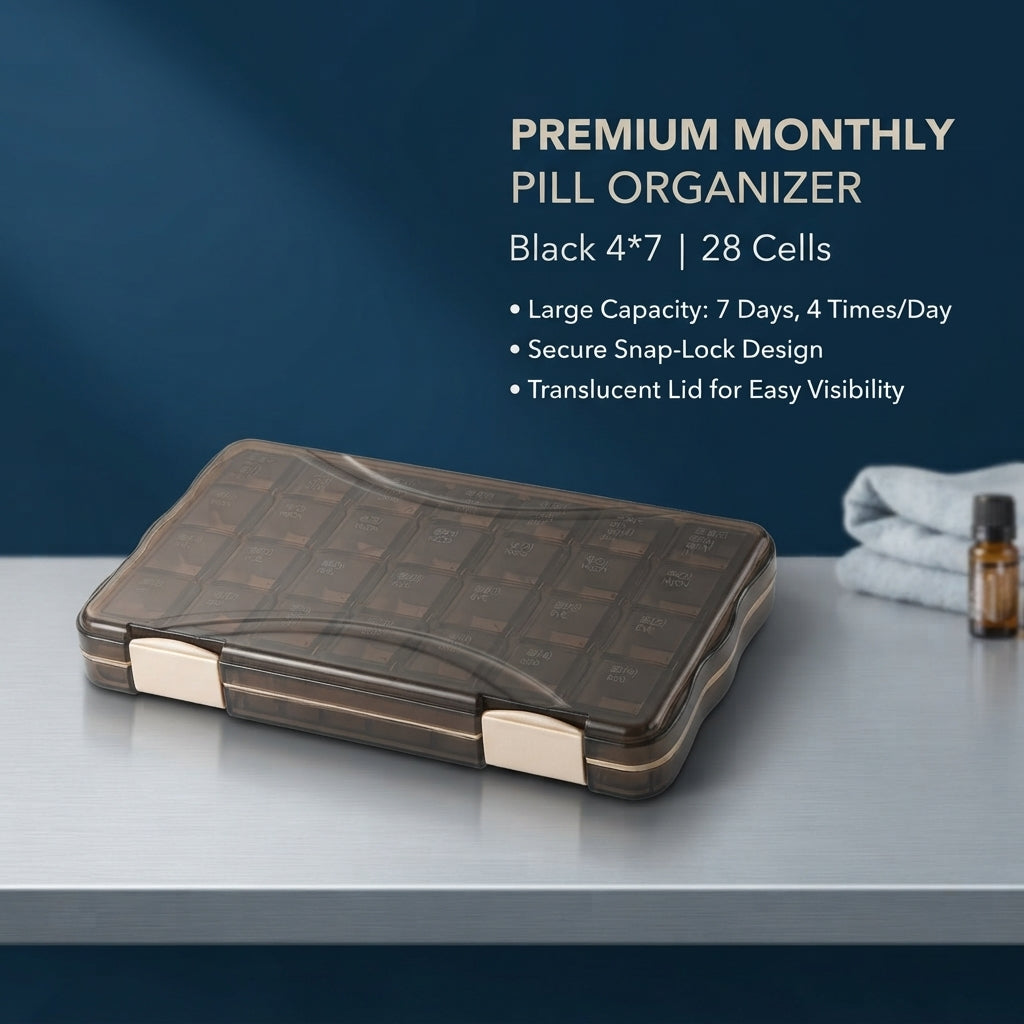 28-Cell Pill Organizer Box – Black 4x7 Weekly Medicine Case, Twin Snap Lock Compartments