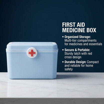 First Aid Storage Box with Handle – Light Blue Medical Organizer Box, Red Cross Design