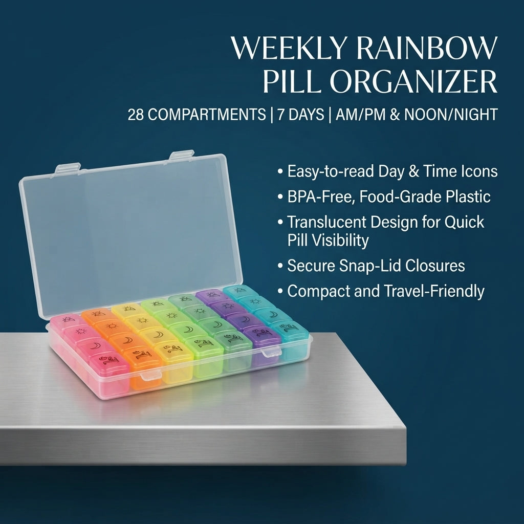 7-Day Pill Organizer Box – Weekly Rainbow Pill Case, 4 Times a Day (Morning/Noon/Evening/Night)