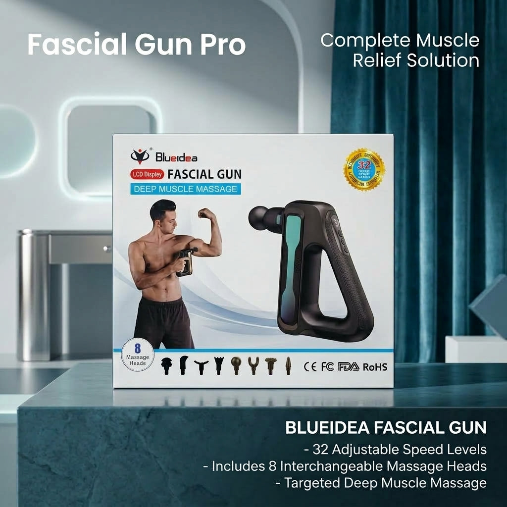 Blueidea Fascial Gun – Deep Muscle Massage, LCD Display, 32 Speed Levels, 8 Heads (Model BLD-888)
