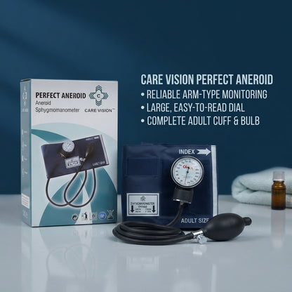 Care Vision Perfect Aneroid Sphygmomanometer – Manual BP Apparatus with Adult Cuff, Bulb & Large Dial