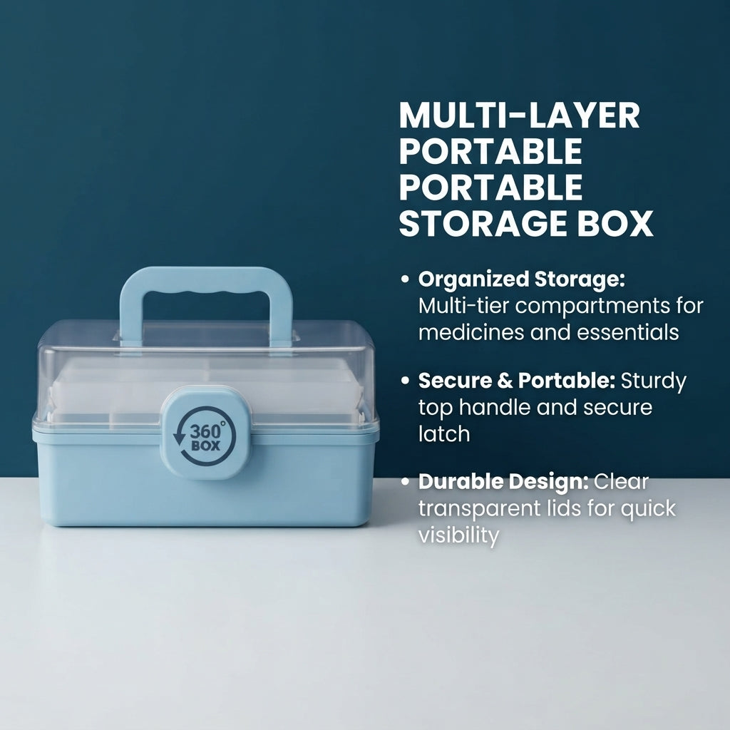 Multi-Layer Portable Storage Box with Handle – Transparent Lid, Twist Lock, First Aid/Craft Organizer, Blue