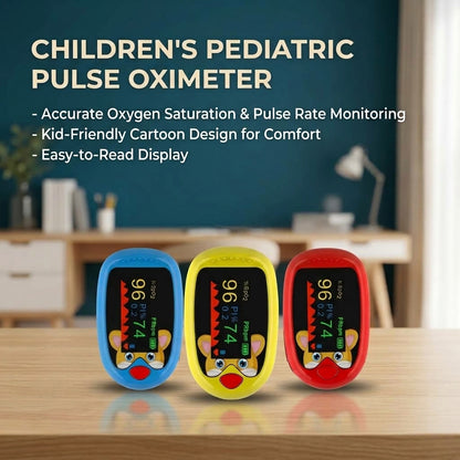 Pediatric Fingertip Pulse Oximeter for Kids – SpO2 & Heart Rate Monitor, Cartoon Design (Blue/Yellow/Red)