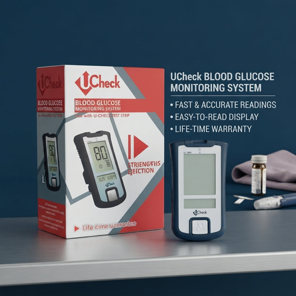 UCheck Blood Glucose Monitoring System – Digital Glucometer with Test Strip Ejection, Lifetime Warranty