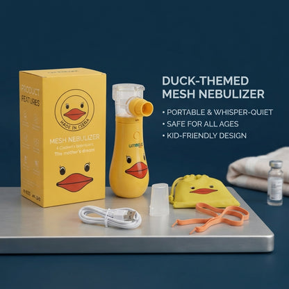 Duck-Themed Portable Mesh Nebulizer for Kids – USB Rechargeable, Carry Pouch Included, Yellow