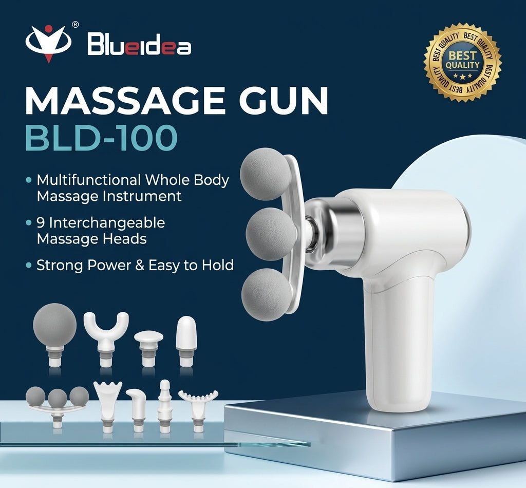 Blueidea Massage Gun BLD-100 – Multifunctional Whole Body Massager, 9 Massage Heads, White