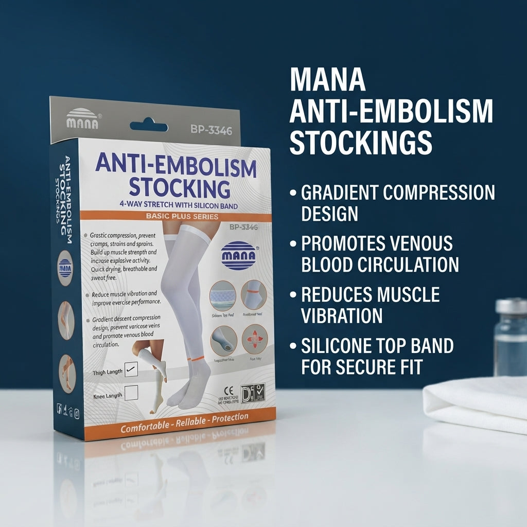 MANA BP-3346 Anti-Embolism Stocking – Thigh Length Compression Socks, 4-Way Stretch, Silicone Band, White