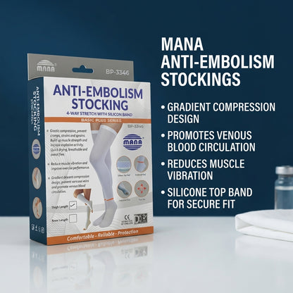 MANA BP-3346 Anti-Embolism Stocking – Thigh Length Compression Socks, 4-Way Stretch, Silicone Band, White