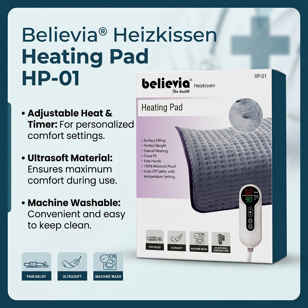 Believia HP-01 Digital Heating Pad – Adjustable Temperature & Timer, Machine Washable, Ultrasoft