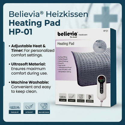 Believia HP-01 Digital Heating Pad – Adjustable Temperature & Timer, Machine Washable, Ultrasoft