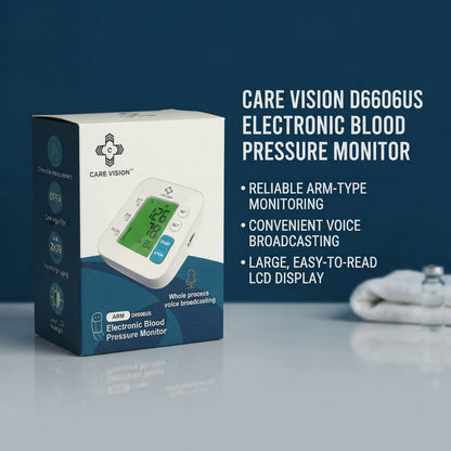 Care Vision D6606US Electronic Arm Blood Pressure Monitor – Voice Broadcasting, Large LCD Backlight, Dual Memory 2×99