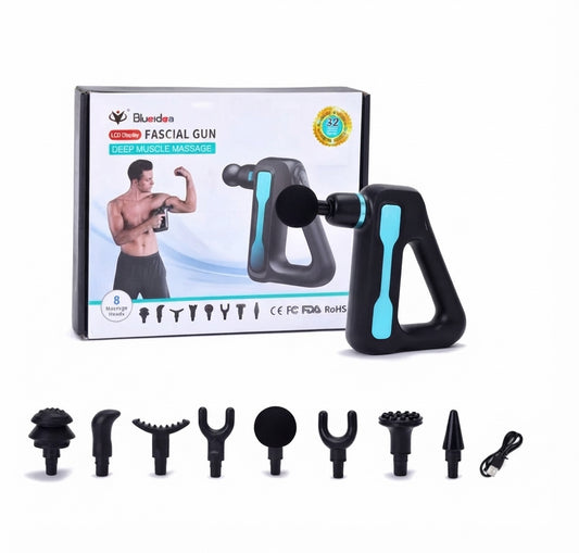 Blueidea Fascial Gun – Deep Muscle Massage, LCD Display, 32 Speed Levels, 8 Heads (Model BLD-888)