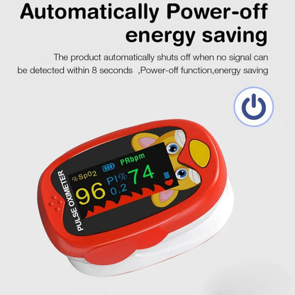 Pediatric Fingertip Pulse Oximeter for Kids – SpO2 & Heart Rate Monitor, Cartoon Design (Blue/Yellow/Red)
