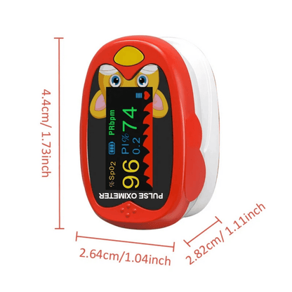 Pediatric Fingertip Pulse Oximeter for Kids – SpO2 & Heart Rate Monitor, Cartoon Design (Blue/Yellow/Red)