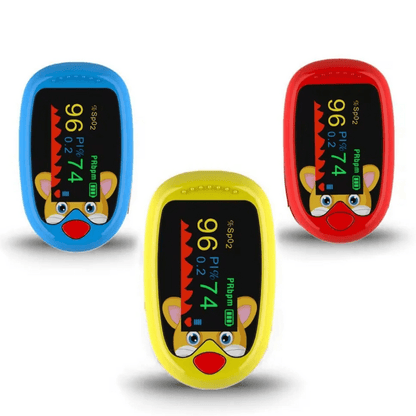 Pediatric Fingertip Pulse Oximeter for Kids – SpO2 & Heart Rate Monitor, Cartoon Design (Blue/Yellow/Red)