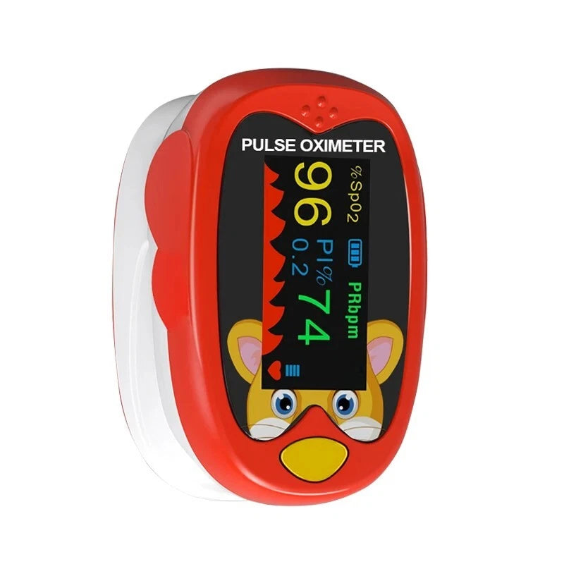 Pediatric Fingertip Pulse Oximeter for Kids – SpO2 & Heart Rate Monitor, Cartoon Design (Blue/Yellow/Red)