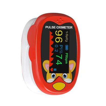 Pediatric Fingertip Pulse Oximeter for Kids – SpO2 & Heart Rate Monitor, Cartoon Design (Blue/Yellow/Red)
