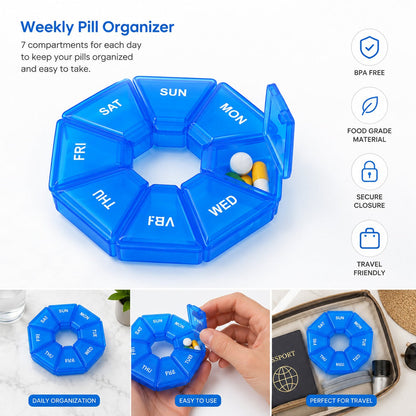 7 Day Pill Organizer Box – Weekly Medicine Box, BPA Free Portable Vitamin & Tablet Storage Case, Travel Pill Container