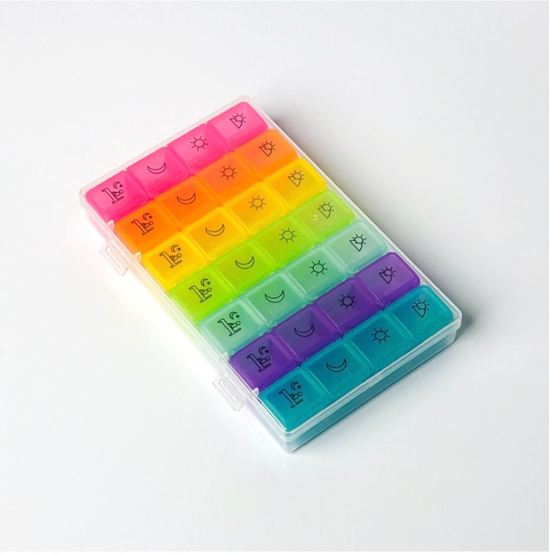 7-Day Pill Organizer Box – Weekly Rainbow Pill Case, 4 Times a Day (Morning/Noon/Evening/Night)