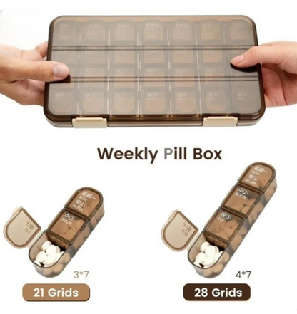 28-Cell Pill Organizer Box – Black 4x7 Weekly Medicine Case, Twin Snap Lock Compartments