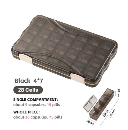 28-Cell Pill Organizer Box – Black 4x7 Weekly Medicine Case, Twin Snap Lock Compartments