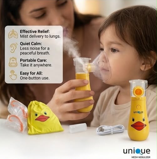 Duck-Themed Portable Mesh Nebulizer for Kids – USB Rechargeable, Carry Pouch Included, Yellow