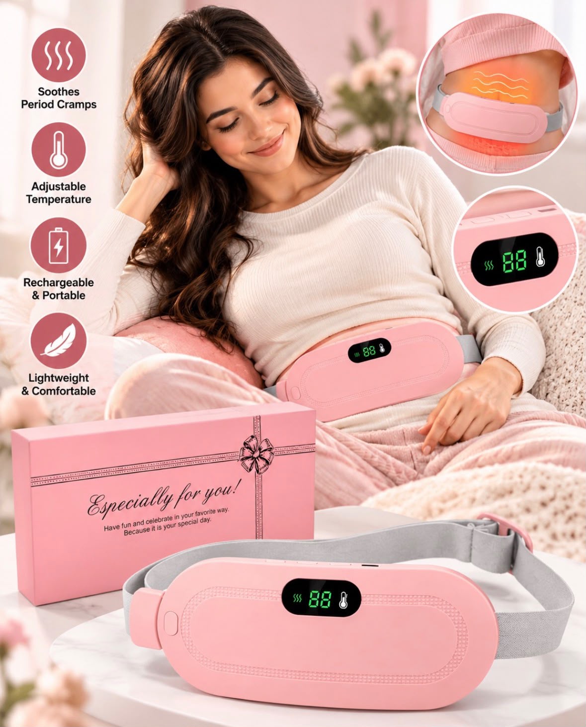 Portable Electric Heating Massage Belt – Period Cramp Relief, Vibration Massage, 3 Heat & Vibration Levels, Pink