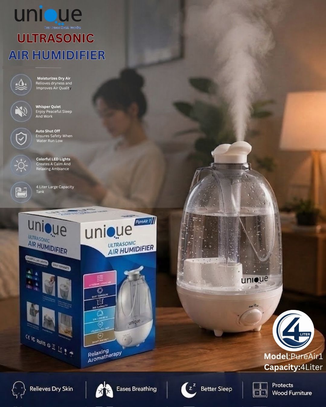 Unique Ultrasonic Air Humidifier – Cool Mist, Quiet Operation, Aromatherapy Diffuser for Bedroom, Office & Home
