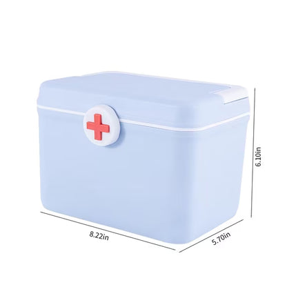 First Aid Storage Box with Handle – Light Blue Medical Organizer Box, Red Cross Design