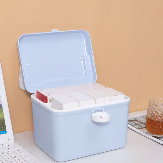 First Aid Storage Box with Handle – Light Blue Medical Organizer Box, Red Cross Design